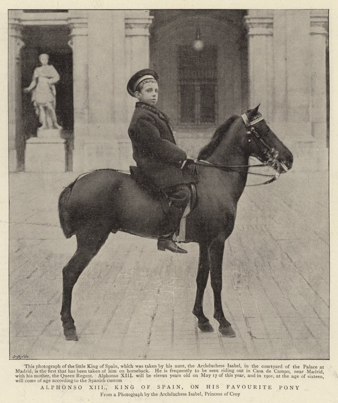 Alphonso XIII., König von Spanien, auf seinem Lieblingspony von Spanish Photographer