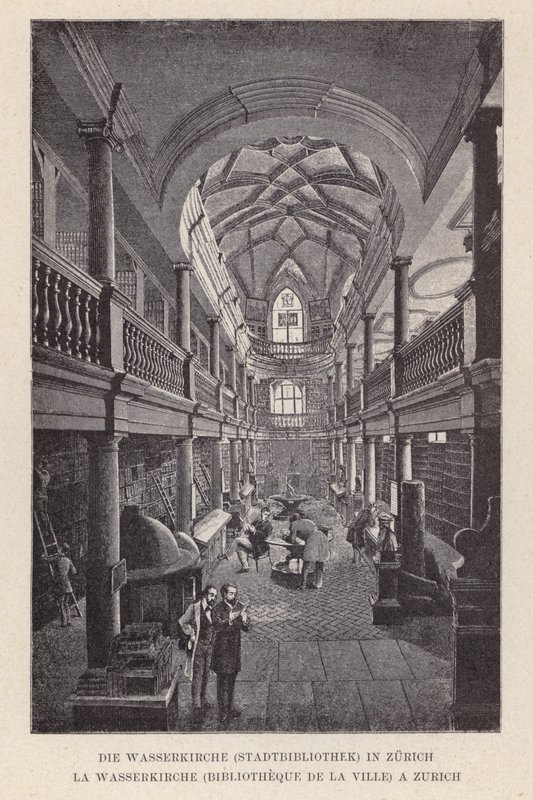 Die Wasserkirche, Stadtbibliothek in Zürich (Stich) von Swiss School