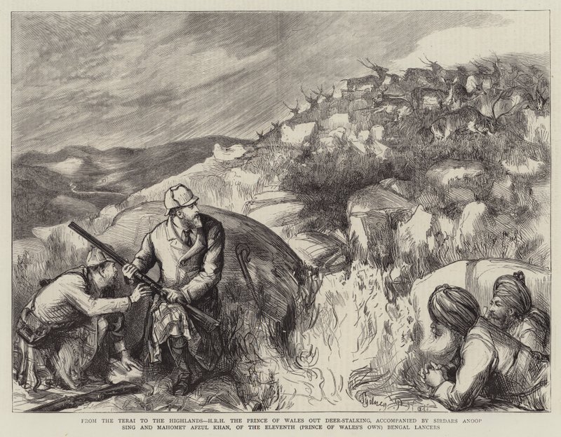 Von den Terai zu den Highlands, HRH der Prinz von Wales auf Hirschjagd, begleitet von Sirdars Anoop Sing und Mahomet Afzul Khan, von den Elften (Prince of Wales
