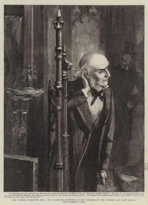Das Frauenwahlrecht-Gesetz, Mr. Gladstone hört die Zahlen der Abstimmungsliste hinter dem Stuhl des Sprechers (Stich) von Sydney Prior (after) Hall