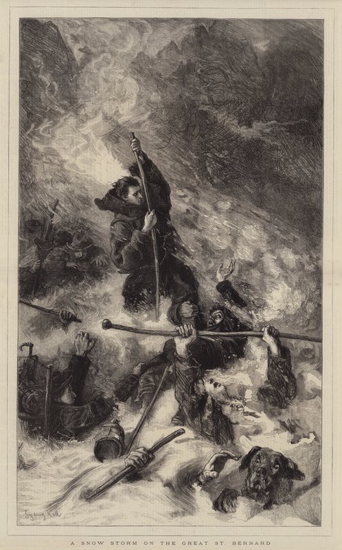 Ein Schneesturm am Großen St. Bernhard von Sydney Prior Hall