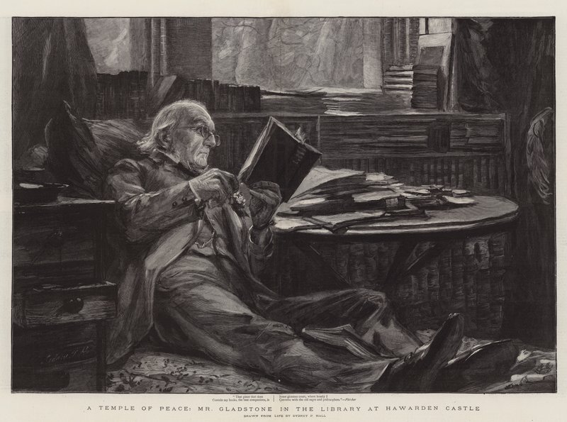 Ein Tempel des Friedens, Mr. Gladstone in der Bibliothek von Hawarden Castle von Sydney Prior Hall