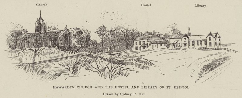 Hawarden Kirche und das Hostel und die Bibliothek von St. Deiniol von Sydney Prior Hall