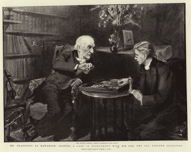 Mr. Gladstone in Hawarden, spielt ein Spiel Backgammon mit seinem Sohn, dem Reverend Stephen Gladstone von Sydney Prior Hall