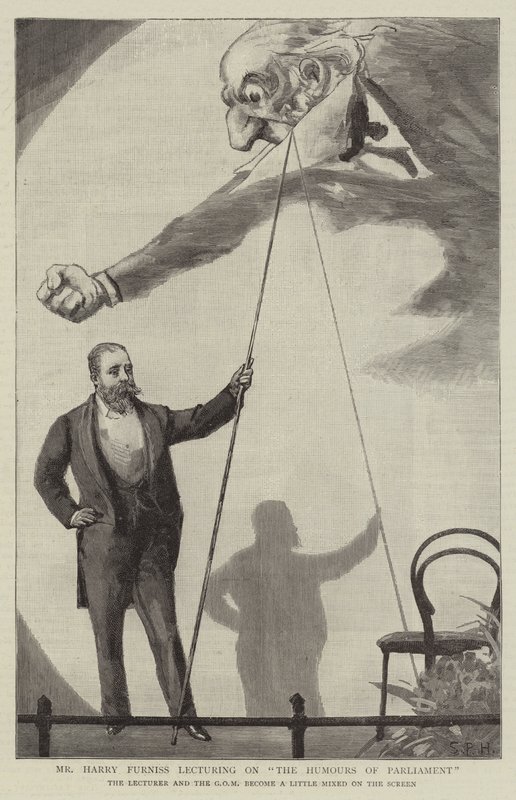 Mr. Harry Furniss hält einen Vortrag über die Humoresken des Parlaments von Sydney Prior Hall