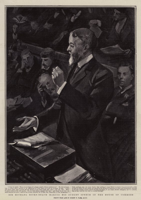 Sir Michael Hicks-Beach hält seine Haushaltsrede im Unterhaus von Sydney Prior Hall