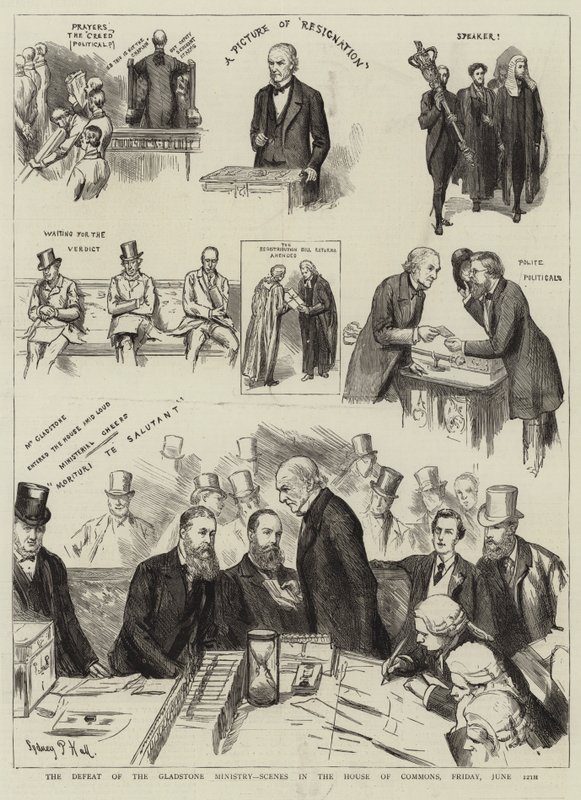 Die Niederlage des Gladstone-Ministeriums, Szenen im Unterhaus, Freitag, 12. Juni von Sydney Prior Hall