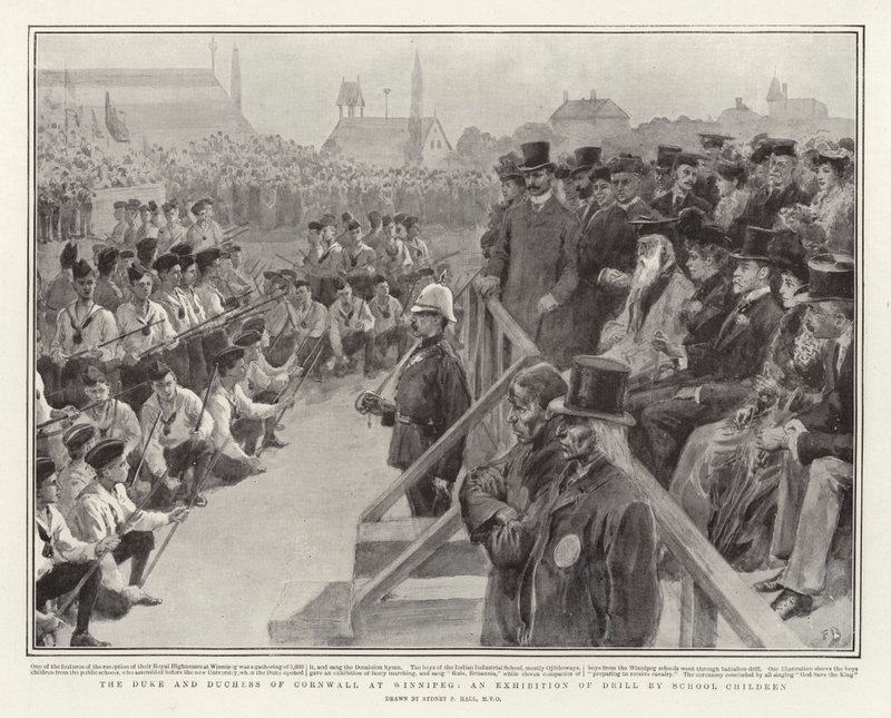 Der Herzog und die Herzogin von Cornwall in Winnipeg, eine Ausstellung von Drillübungen durch Schulkinder von Sydney Prior Hall