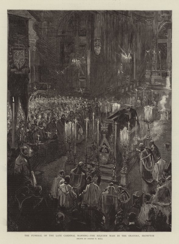 Das Begräbnis des verstorbenen Kardinals Manning, das Requiem in der Oratorienkirche, Brompton von Sydney Prior Hall
