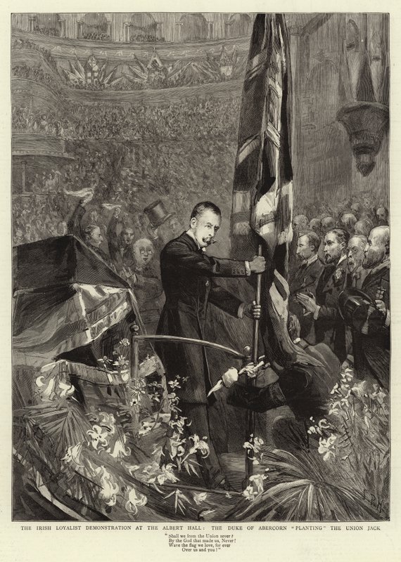 Die Demonstration der irischen Loyalisten in der Albert Hall, der Herzog von Abercorn pflanzt den Union Jack von Sydney Prior Hall