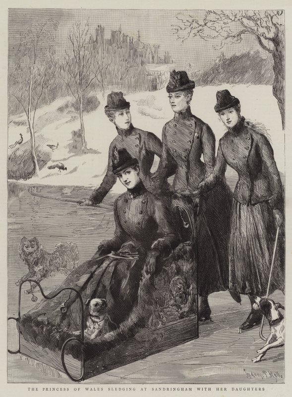 Die Prinzessin von Wales beim Schlittenfahren in Sandringham mit ihren Töchtern von Sydney Prior Hall