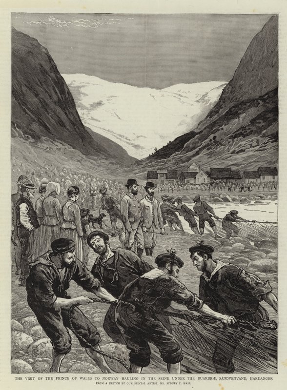Der Besuch des Prinzen von Wales in Norwegen, Einholen des Seines unter dem Buarbrae, Sandvenvand, Hardanger von Sydney Prior Hall