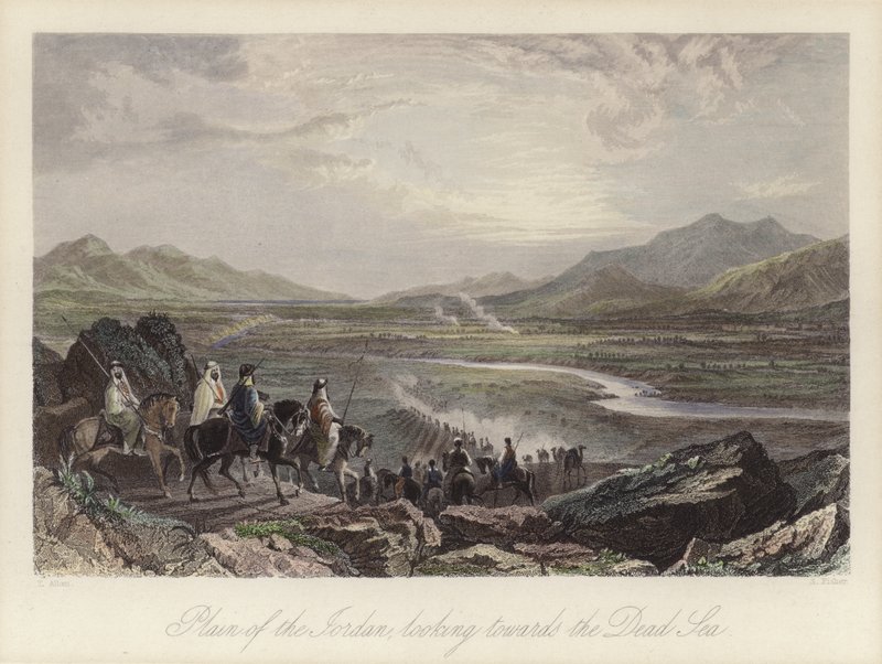 Ebene des Jordanflusses in Richtung Totes Meer (farbiger Stich) von Thomas (after) Allom