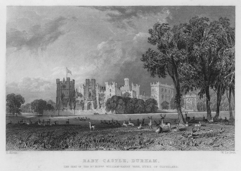 Raby Castle, Durham, der Sitz von William-Harry Vane, Herzog von Cleveland (Stich) von Thomas (after) Allom