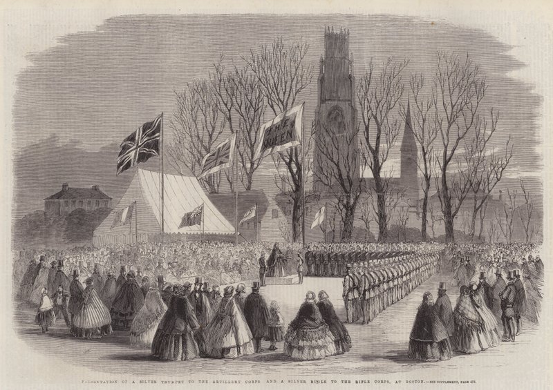 Übergabe einer Silbernen Trompete an das Artilleriekorps und eines Silbernen Signalhorns an das Schützenkorps in Boston von Thomas Harrington Wilson