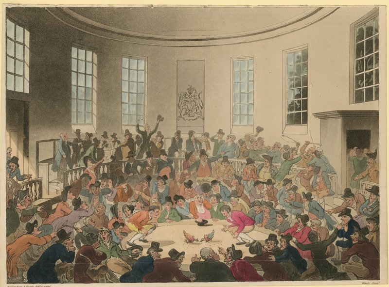 Illustration, die eine Menschenmenge zeigt, die einem Hahnenkampf zusieht von Thomas Rowlandson