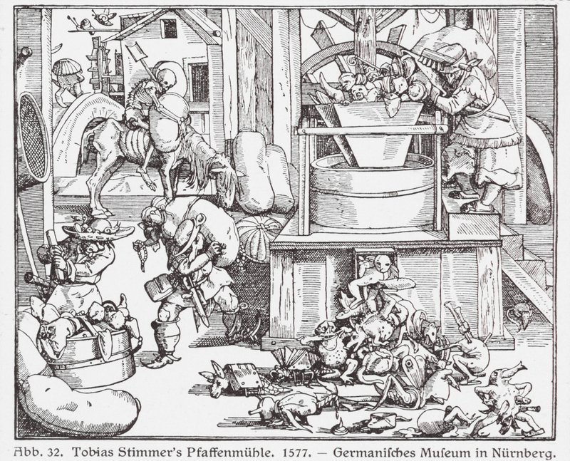 Katholische Priester, die durch eine Mühle gesteckt werden (Holzschnitt) von Tobias Stimmer