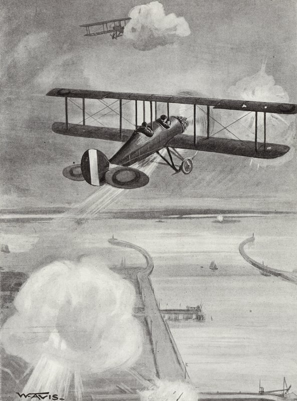 Staffelführer Richard Davies und Flugleutnant Richard Peirse werfen Bomben auf die U-Boot-Station in Zeebrugge unter schwerem Beschuss, 23. Januar 1915 von W. Avis