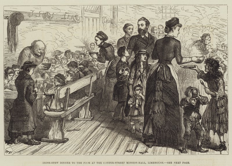 Irish-Stew-Dinner für die Armen in der Conder-Street-Missionshalle, Limehouse von Walter Paget