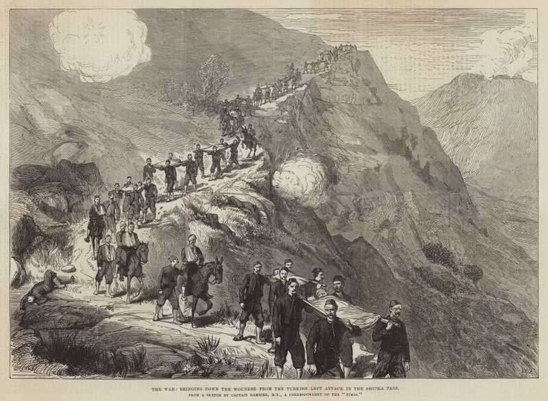 Der Krieg, Verwundete vom türkischen linken Angriff im Shipka-Pass herunterbringen von Walter Paget