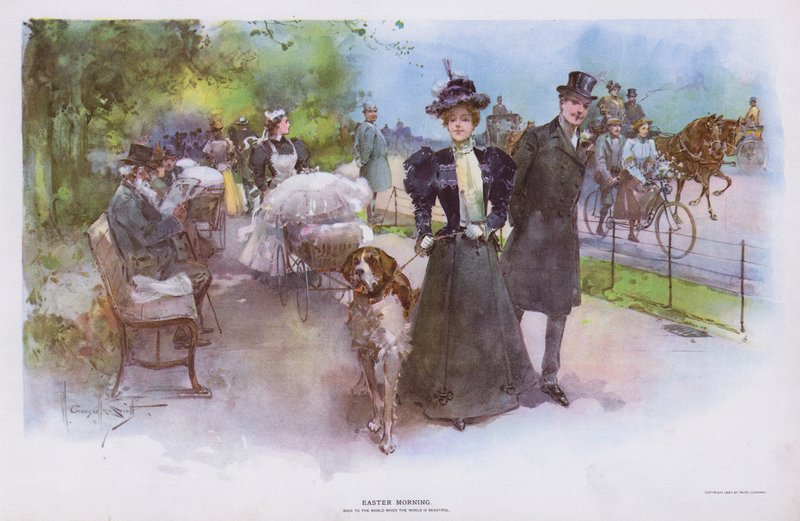 Ostermorgen: Frau spaziert mit ihrem Hund von Walter Granville Smith