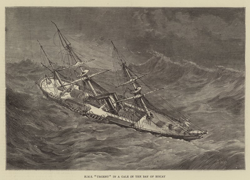 HMS Urgent in einem Sturm in der Biskaya von Walter William May