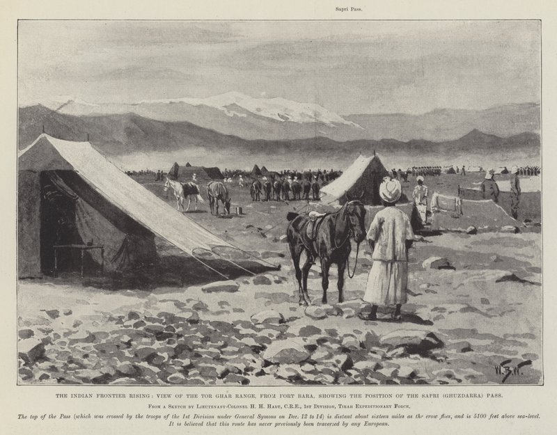 Der indische Grenzaufstand, Blick auf die Tor Ghar Range vom Fort Bara, zeigt die Position des Sapri (Ghuzdarra) Passes von William Barnes Wollen