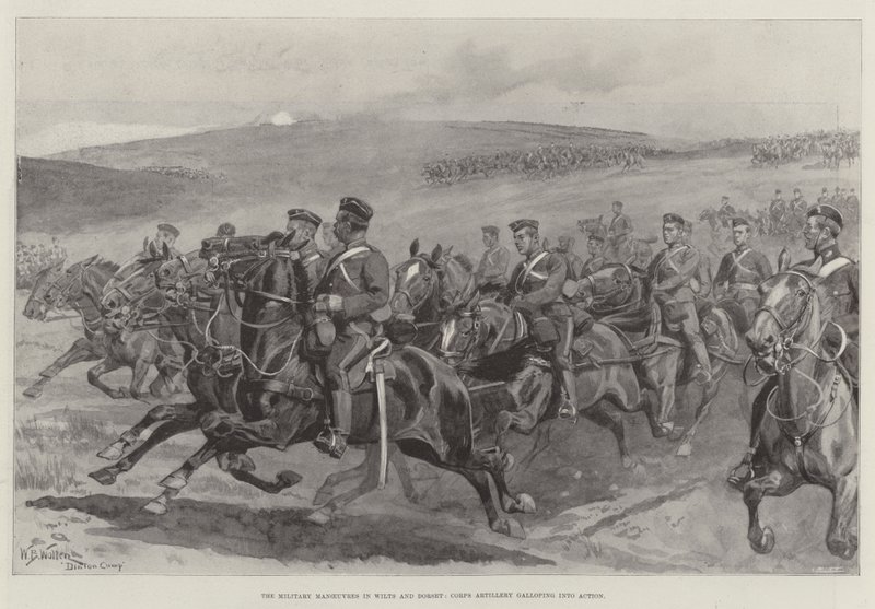 Die Militärmanöver in Wilts und Dorset, Korpsartillerie galoppiert in Aktion von William Barnes Wollen