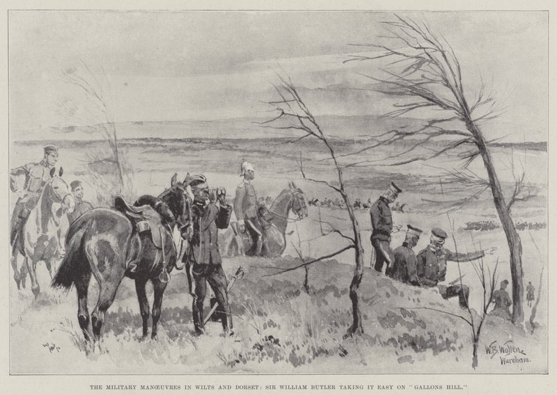 Die Militärmanöver in Wilts und Dorset, Sir William Butler macht es sich auf Gallons Hill bequem von William Barnes Wollen