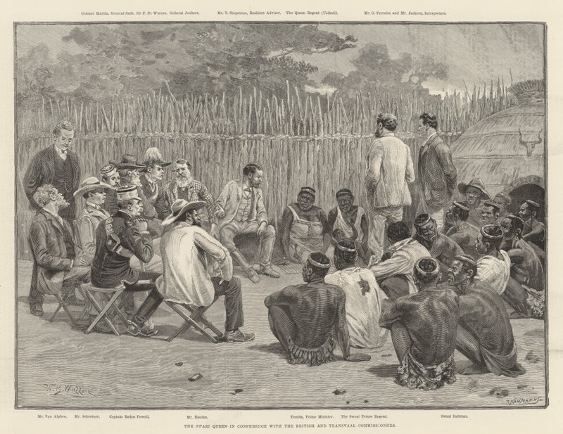 Die Swazi-Königin in einer Konferenz mit den britischen und Transvaal-Kommissaren von William Barnes Wollen
