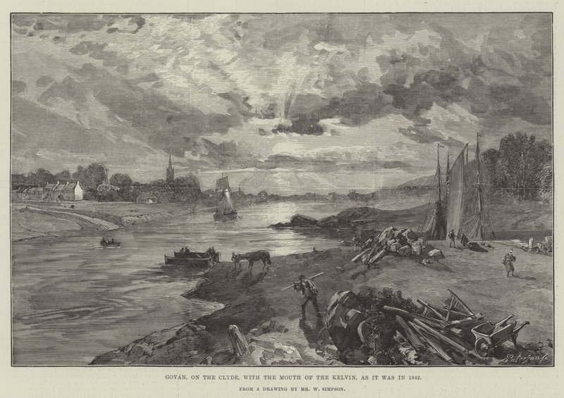 Govan am Clyde, mit der Mündung des Kelvin, wie es 1842 war von William Crimea Simpson