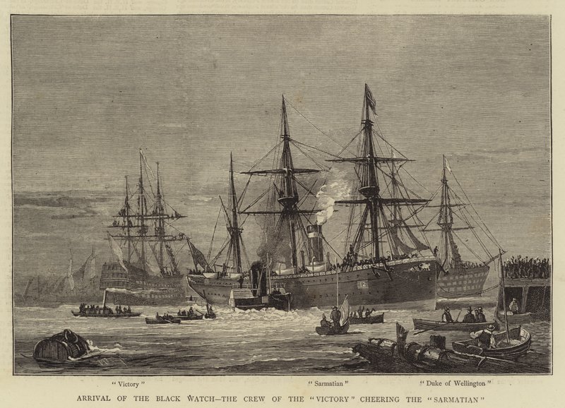 Ankunft der Black Watch, die Besatzung der Victory jubelt der Sarmatian zu von William Edward Atkins