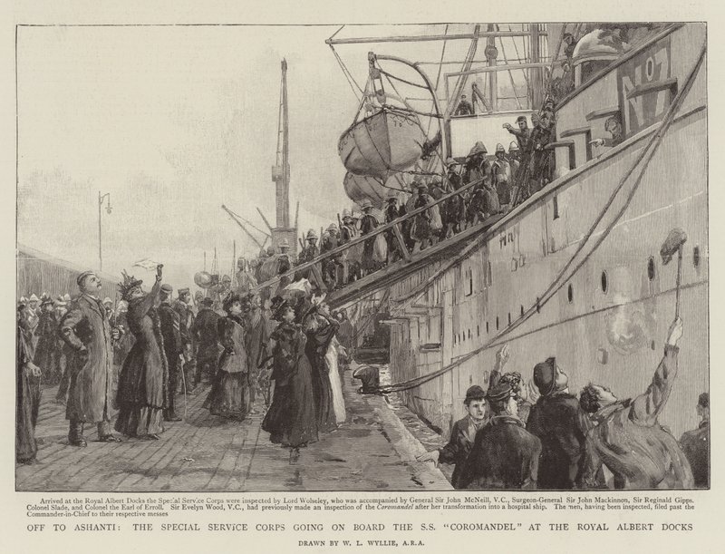 Auf nach Ashanti, das Special Service Corps geht an Bord der SS Coromandel in den Royal Albert Docks von William Lionel Wyllie