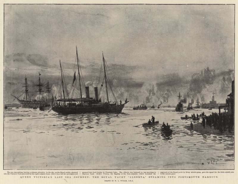 Königin Victorias letzte Seereise, die königliche Yacht Alberta, dampft in den Hafen von Portsmouth von William Lionel Wyllie