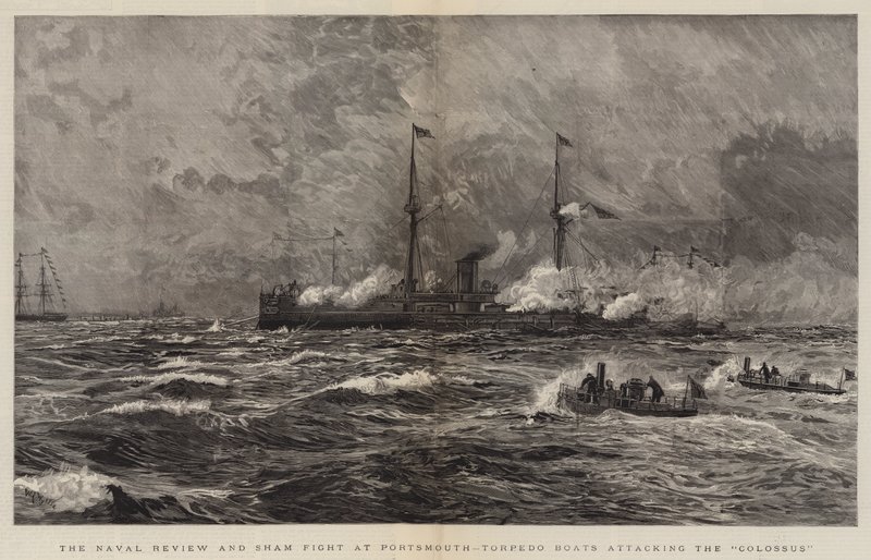 Die Marineparade und Scheinangriff in Portsmouth, Torpedoboote greifen die Colossus an von William Lionel Wyllie