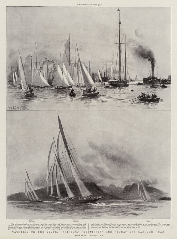 Segeln auf dem Clyde, Rainbow, Gleniffer und Bona vor Garroch Head von William Lionel Wyllie