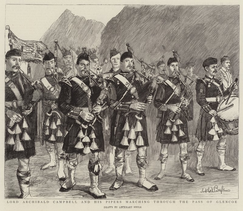 Lord Archibald Campbell und seine Dudelsackspieler marschieren durch den Pass von Glencoe von William Lockhart Bogle