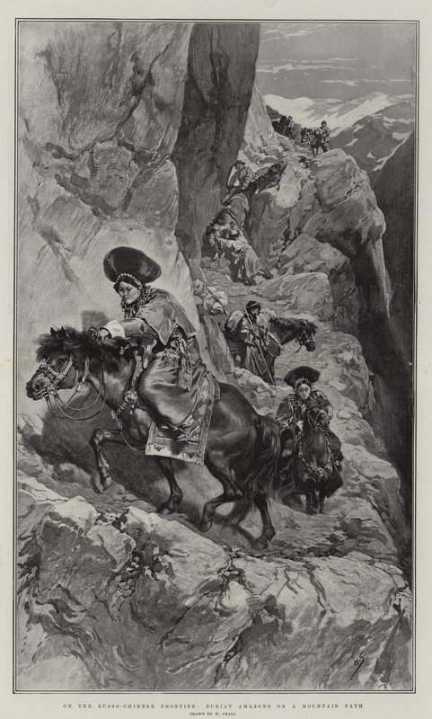 An der russisch-chinesischen Grenze, Burjatische Amazonen auf einem Bergpfad von William Small