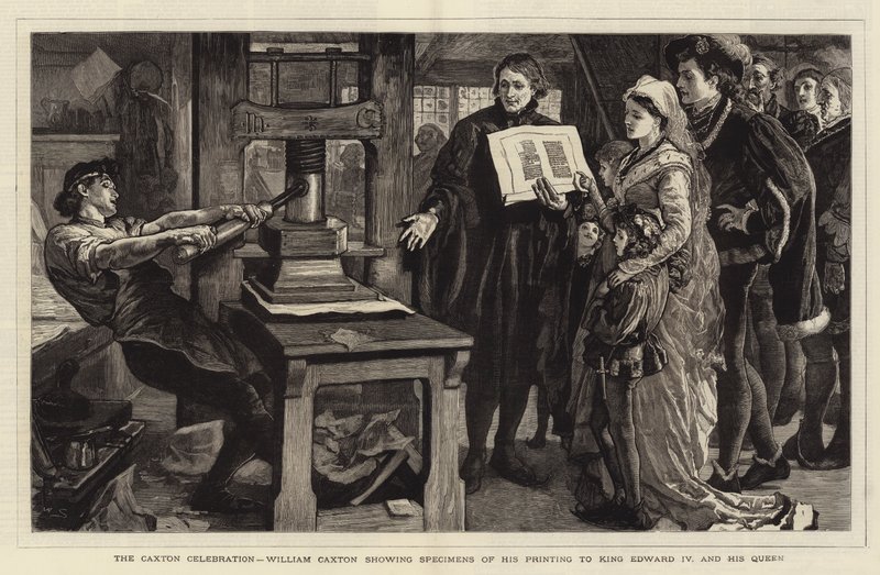 Die Caxton-Feier, William Caxton zeigt König Edward IV. und seiner Königin Druckproben von William Small