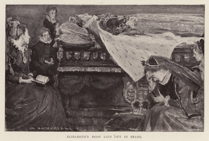 Leichnam von Elisabeth I. aufgebahrt, veröffentlicht 1898 von William (after) Hatherell