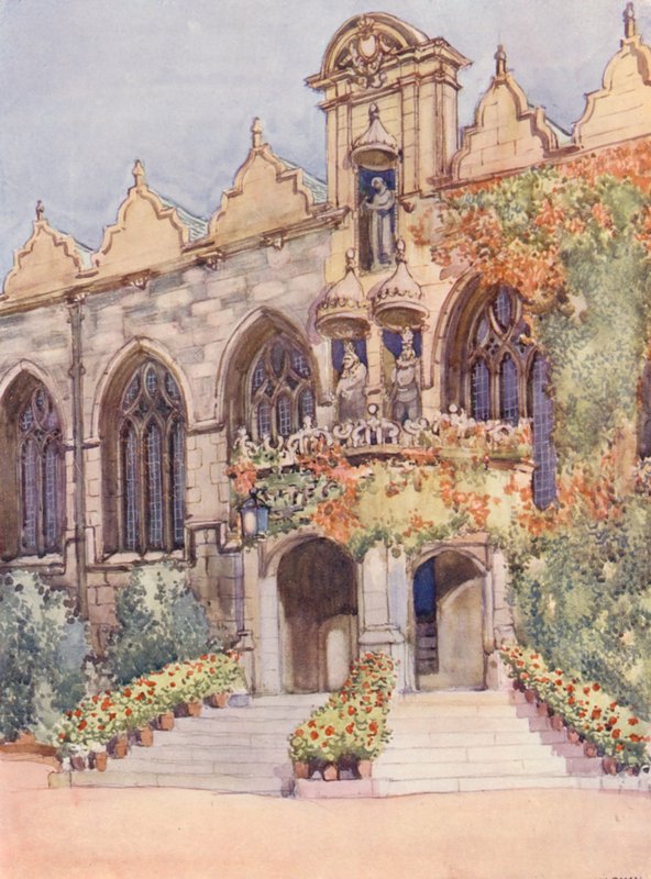 Eingang zur Oriel College Hall, mit Statuen der Jungfrau und des Kindes, Edward II., dem nominalen Gründer des Colleges, und Charles I., in dessen Regierungszeit die Halle gebaut wurde von William Ainsworth Wildman