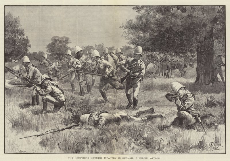 Die Hampshire Mounted Infantry in Burma, ein plötzlicher Angriff von William Barnes Wollen