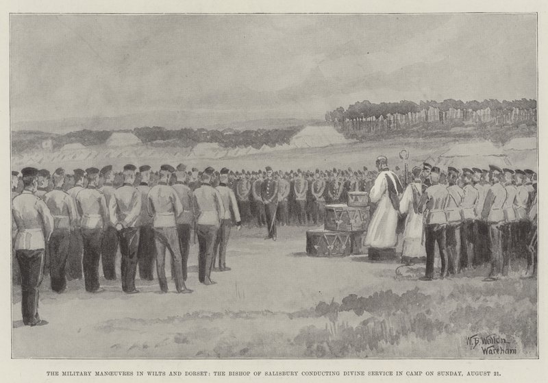 Die Militärmanöver in Wilts und Dorset, der Bischof von Salisbury hält den Gottesdienst im Lager am Sonntag, 21. August von William Barnes Wollen