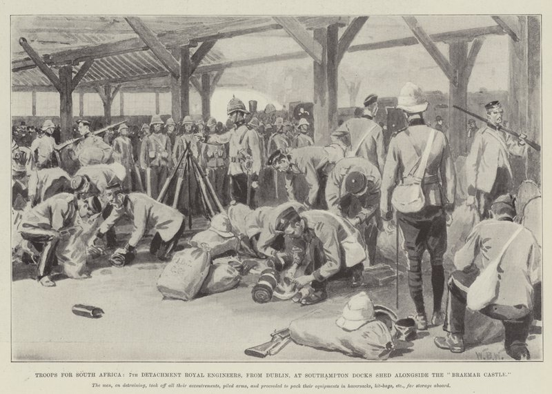 Truppen für Südafrika, 7. Abteilung der Royal Engineers aus Dublin, an den Docks von Southampton neben der Braemar Castle von William Barnes Wollen
