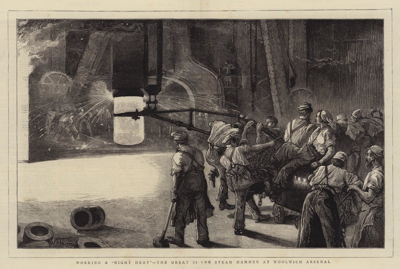 Arbeiten bei Nacht, der große 35-Tonnen-Dampfhammer im Woolwich Arsenal von William Bazett Murray