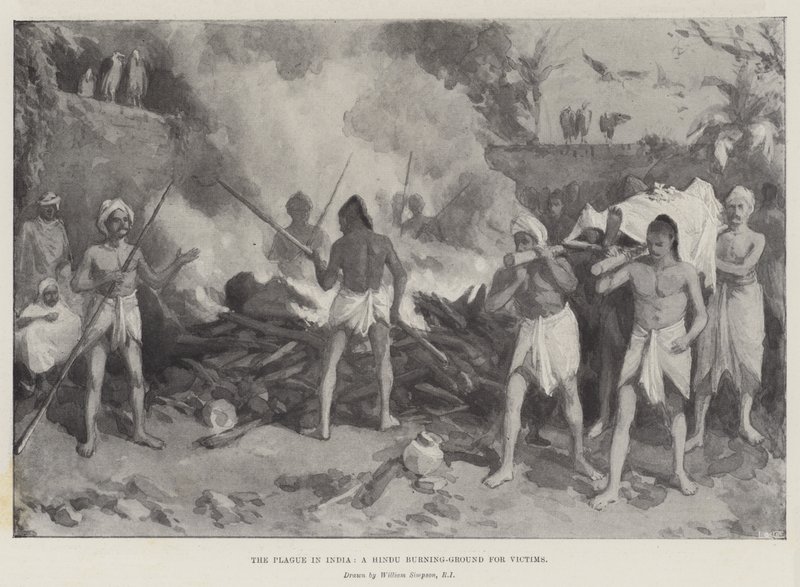 Die Pest in Indien, ein hinduistischer Verbrennungsplatz für Opfer von William Crimea Simpson