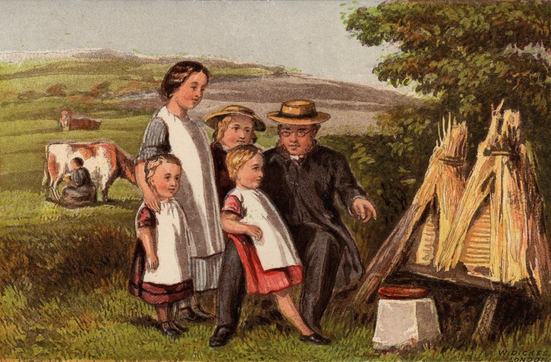 Industrie: Familie auf dem Land mit Bienenstöcken (Chromolithografie) von William Dickes