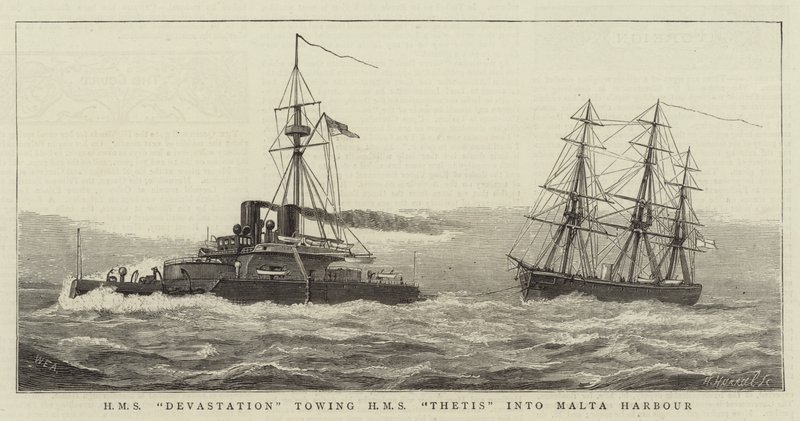 HMS Devastation schleppt HMS Thetis in den Hafen von Malta von William Edward Atkins