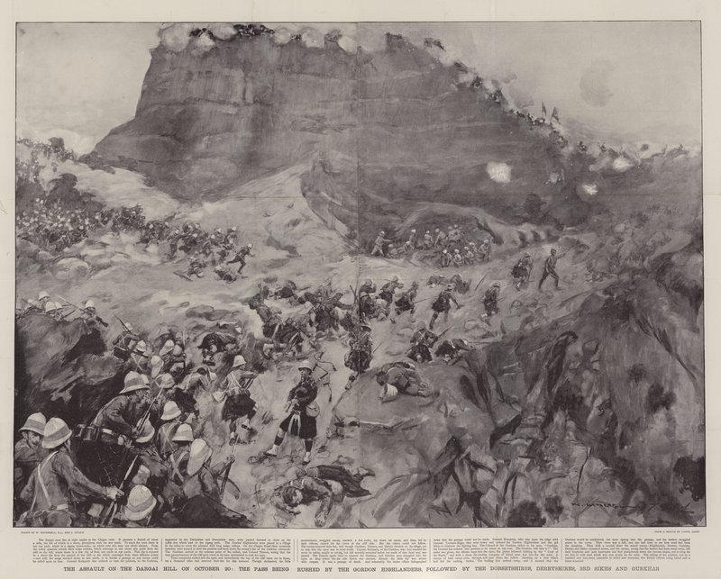 Der Angriff auf den Dargai-Hügel am 20. Oktober, der Pass wird von den Gordon Highlanders, gefolgt von den Dorsetshires, Derbyshires, 3. Sikhs und Gurkhas, gestürmt von William Hatherell