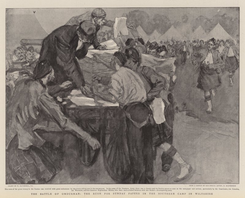 Die Schlacht von Omdurman, der Ansturm auf die Sonntagszeitungen im südlichen Lager in Wiltshire von William Hatherell